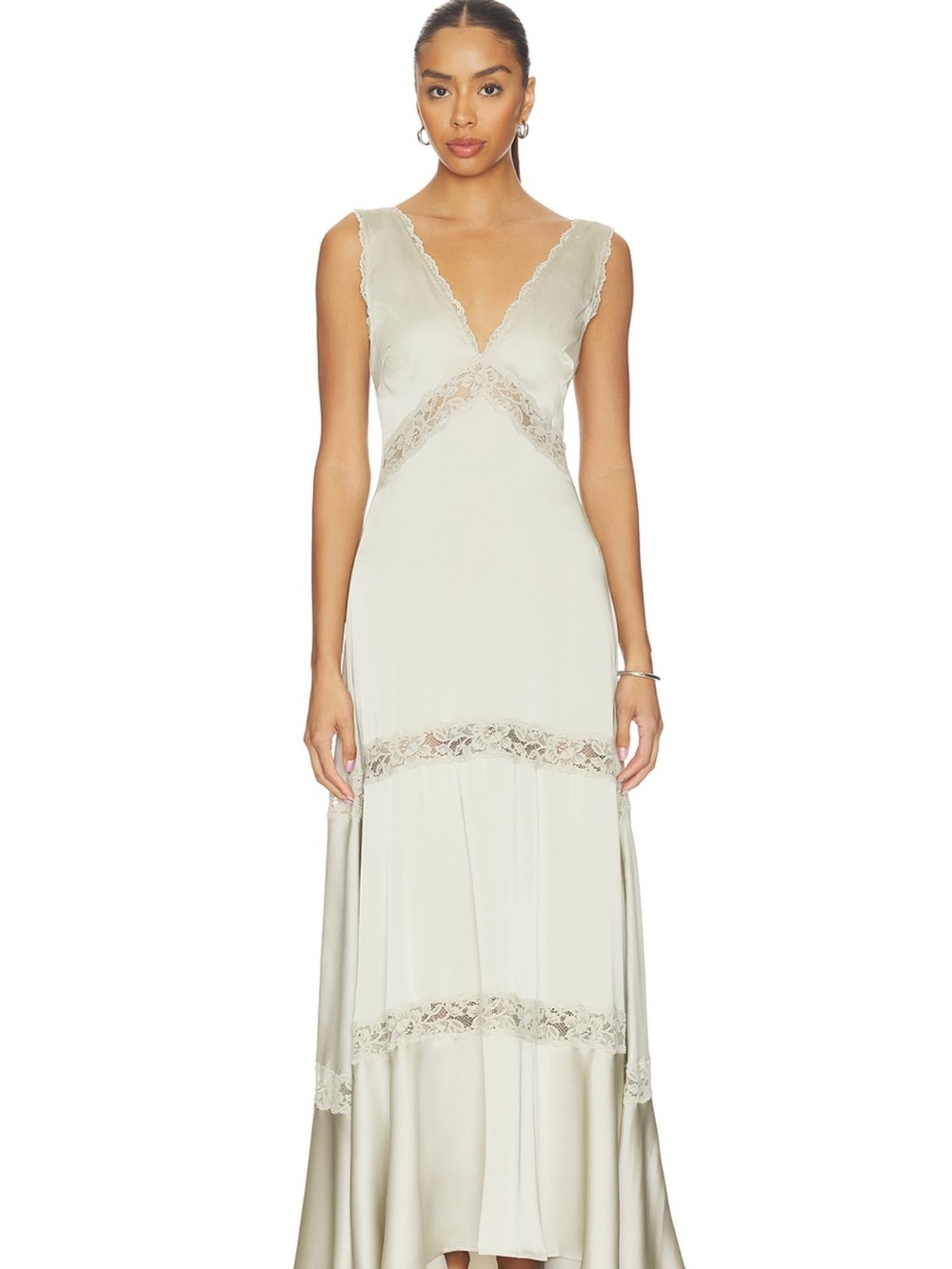 Tularosa Sleeveless V-Neck Lace-Trim Maxi Dress in Light Sage